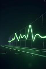 AI Generative. Glowing green neon pulse line chart on dark background. 2
