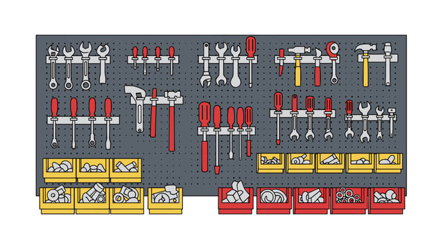 Organized garage wall with hanging red and yellow tools on pegboard
