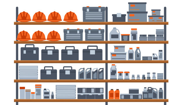 Industrial storage shelves filled with tools and safety equipment