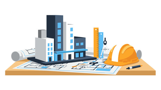 Architectural tools and blueprint with buildings on table