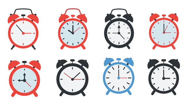 Vintage alarm clock collection in flat style with diverse colors and styles