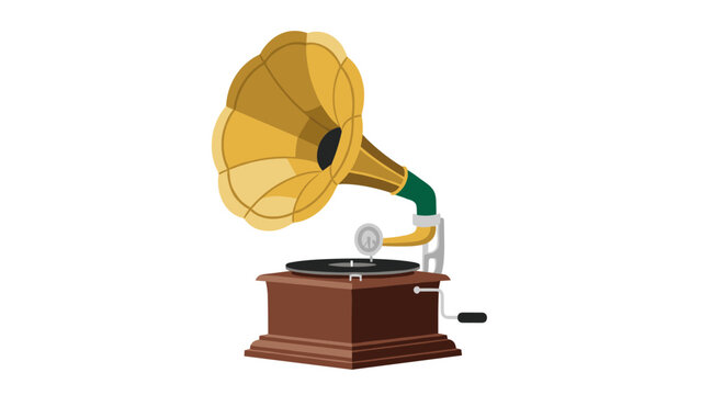 Vintage gramophone with golden horn on white background