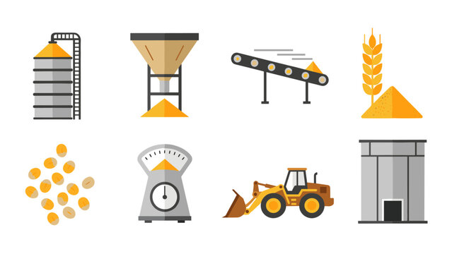 Flat icons of agricultural equipment and grain processing elements