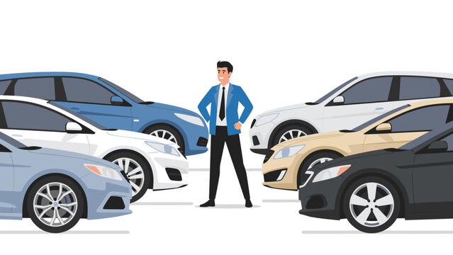 Man choosing car in dealership lot with various models and colors in cartoon style