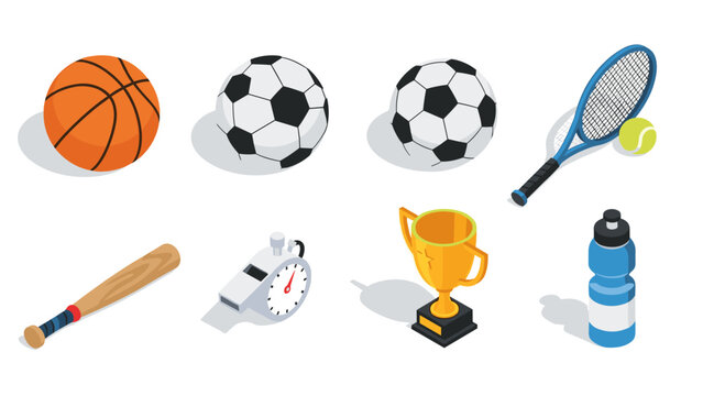 Colorful isometric sports equipment collection: balls, trophies, and accessories