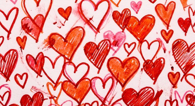 Pattern of hand-drawn red and pink hearts in marker and watercolor style