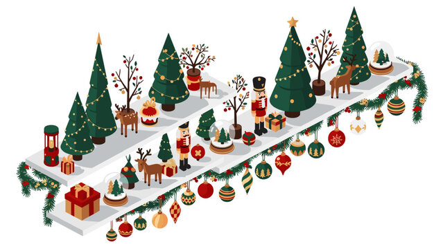 Festive isometric christmas scene with trees, nutcrackers, reindeer, and decorations