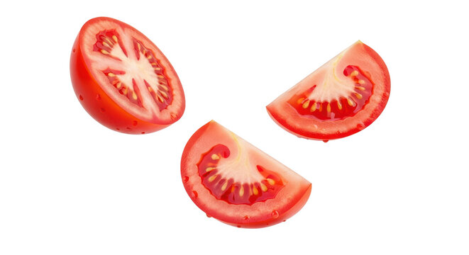 Set of flying fresh red tomato slices, including a half and two wedges. Isolated on transparent background, png