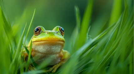Cute green frog in spring grass 