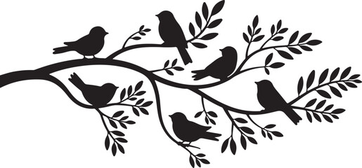 Fototapeta premium Birds on Tree Branches Silhouette Set Black Vector Collection Songbirds Nature Icons, black and white silhouette, vector and illustration