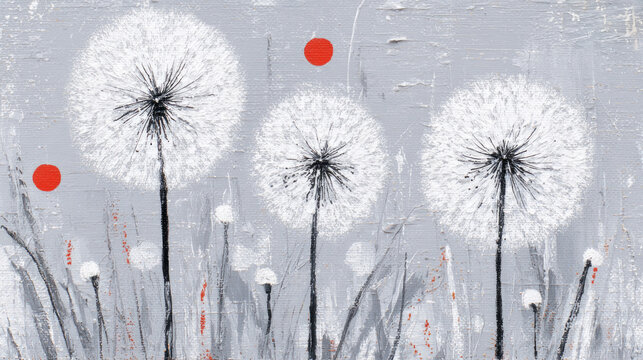 Dandelions in abstract textured field with red dots on gray background.