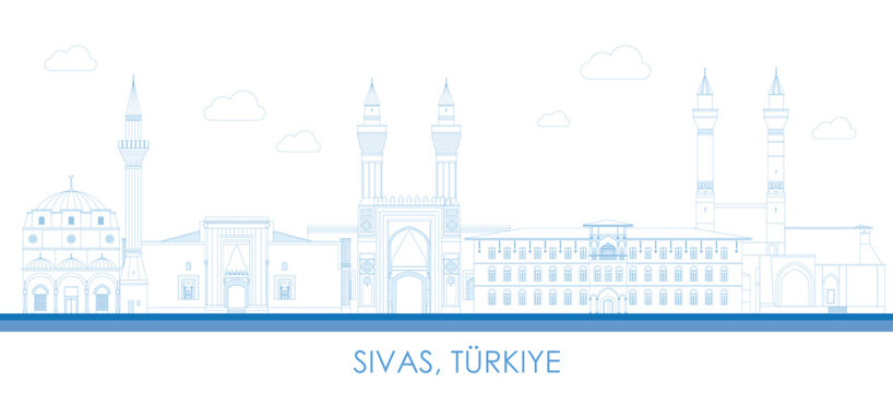 Outline Skyline panorama of city of Sivas, Turkiye (Turkey) - vector illustration