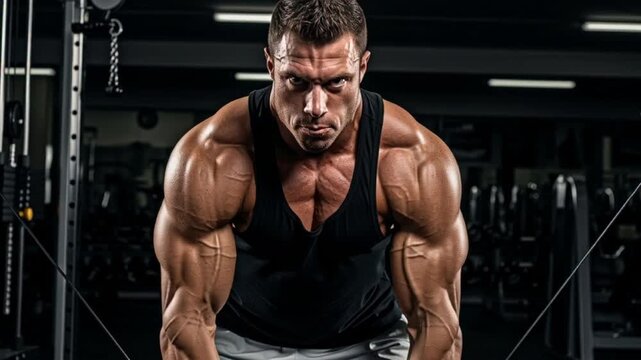 Intense Bodybuilder Performing Cable Crossover Workout in Gym