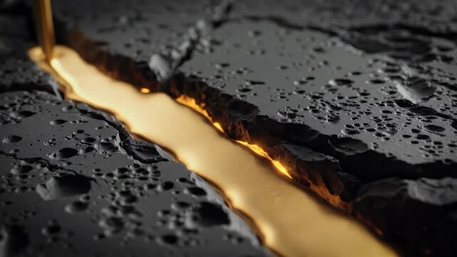 Macro Shot of Molten Gold Filling Crack in Black Rock representing Economic Repair and Kintsugi