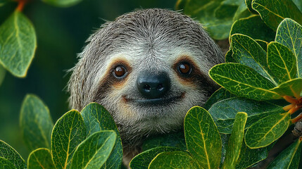 Obraz premium Close-up of a smiling sloth surrounded by green leaves.