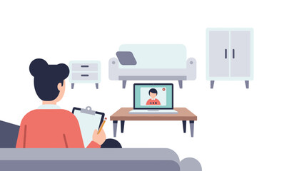 Virtual meeting in cozy living room with minimalist furniture design