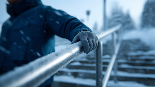 Cold hand gripping a metal stair railing outdoors symbolizing support, struggle, and perseverance.
