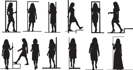 Obraz premium Silhouettes of women in various poses and doorways depicted