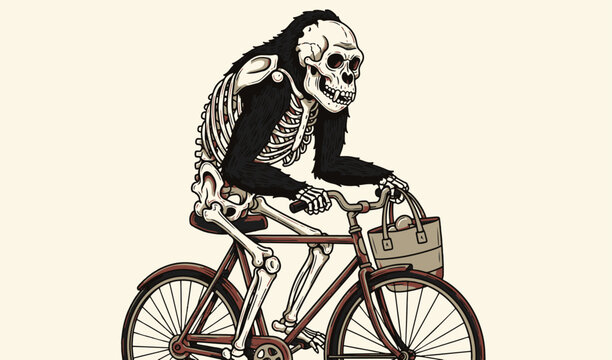Skeleton monkey riding bicycle with handbag in vintage style
