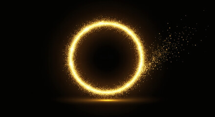 Fototapeta premium Glowing Golden Circle with Sparkling Particles on Black Background
