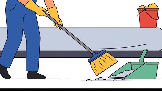 Illustrated Cleaner Sweeping Floor with Broom and Dustpan, Cartoon Style