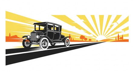 Vintage black car drives on open road at sunrise with yellow sunburst background and city skyline