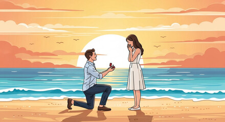 Fototapeta premium Man proposing to woman on beach at sunset with ring in hand romantic moment