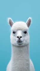 Obraz premium Portrait of a white alpaca standing against a clear blue sky, showcasing its soft fur and calm, curious expression. 