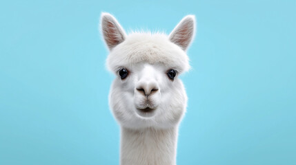 Obraz premium Portrait of a white alpaca standing against a clear blue sky, showcasing its soft fur and calm, curious expression. 