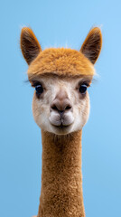 Obraz premium Front-facing portrait of a light brown alpaca with a gentle expression, isolated against a clean pastel blue background. 