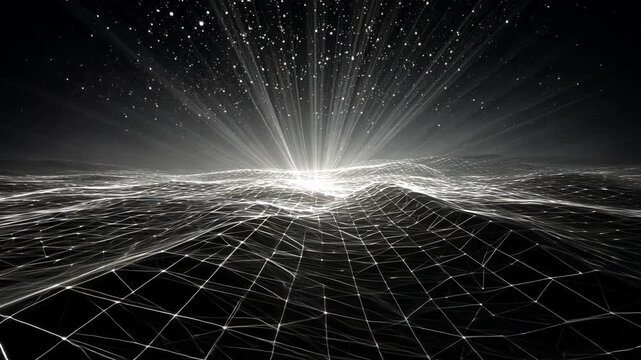 Abstract Landscape Digital Art: Wireframe Grid Monochrome Design with Futuristic Horizon and Light Rays in a Starry Background - Sci-Fi 3D Rendering Geometric Shapes