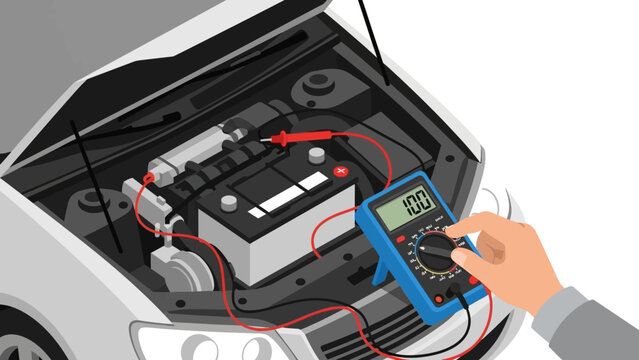 Mechanic testing car battery voltage with multimeter in flat design