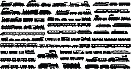 Collection of various train types in black silhouette on white background © Crazy Dreamy Boy