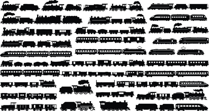 Collection of various train types in black silhouette on white background