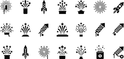 Fototapeta premium Fireworks and rockets icons in black and white for celebration