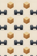 AI Generative. Seamless pattern of minimalist dumbbells on beige background. 2