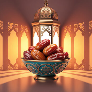 Bowl of Dates with Golden Lantern and Ramadan Patterns