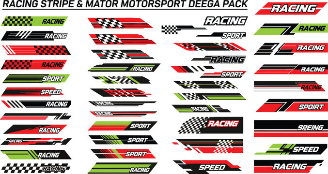 Vibrant racing stripe and motor sport decals in red, green, black