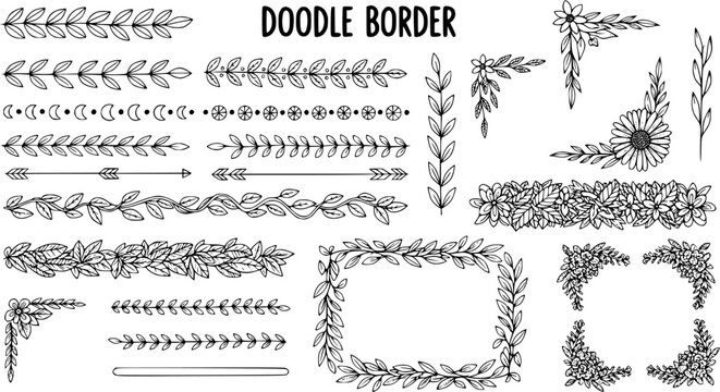 Doodle border. Flower ornament frame, decorative corner elements, floral sketch pattern. Vector doodle frame elements. Transparent background EPS version.