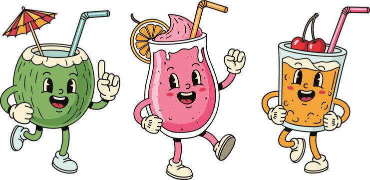 Cartoon cocktails dancing with happy faces and straws