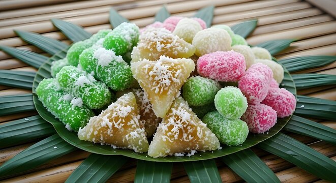 A platter of colorful Indonesian traditional cakes (Jajan Pasar) consisting of triangular Lupis and chewy, vibrant Cenil topped with grated coconut on a green leaf.