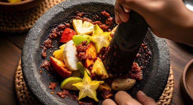 An Indonesian fruit salad, Rujak, being prepared in a traditional stone mortar (cobek). It features sliced tropical fruits like starfruit and pineapple tossed in a spicy peanut-chili sauce.