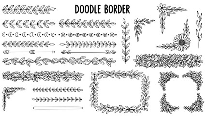 Fototapeta premium Doodle border. Flower ornament frame, decorative corner elements, floral sketch pattern. Vector doodle frame elements. JPEG version.