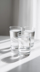 Minimalist still life of clear water in transparent glass tumblers arranged on a bright surface with soft natural light.
