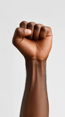 Human hand clenched into a fist against a clean white background, symbolizing strength, determination, power, and resistance.
