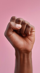 Clenched human fist raised against a pink background symbolizing strength and determination.
