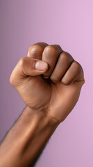 Obraz premium Clenched human fist raised against a pink background symbolizing strength and determination. 