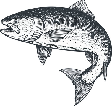 Hand drawn engraving illustration of a single salmon fish, detailed body and scale texture