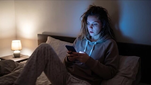 Woman Using Smartphone in Bed Late at Night. High quality 4k footage