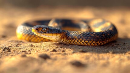 Obraz premium Coiled golden-brown snake resting on warm sandy ground at sunset, basking in light while alert and watchful